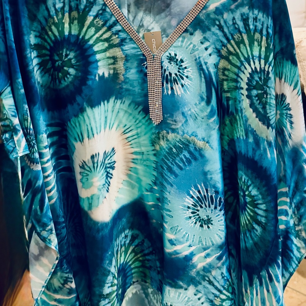 Beautiful Blue Bling Chico’s L/XL Top NWT Devin Tye Dye Swirl Poncho